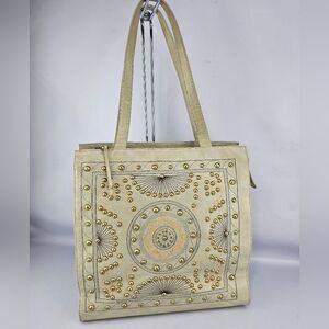 Hobo International Avalon Studded Embroidered Large Zippered Tote Bag Cream